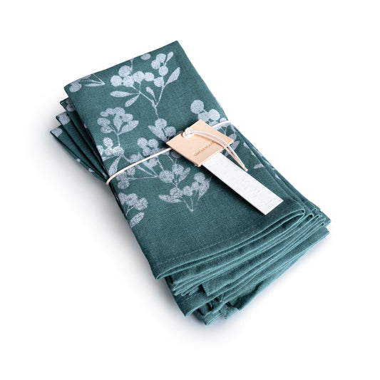 Silver Berry Green Linen Napkins - Set of 4