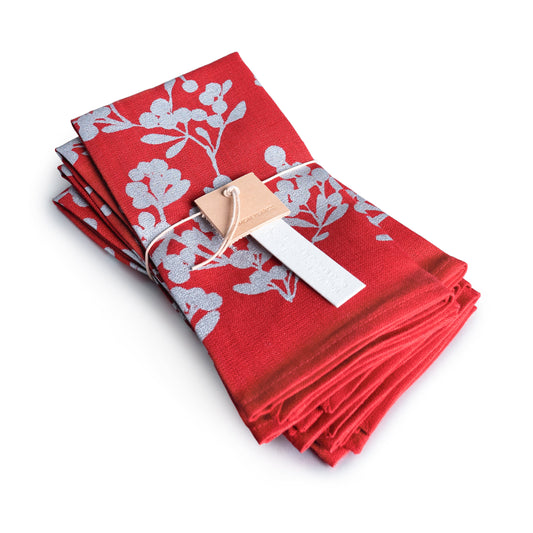 Silver Berry Red Linen Napkins - Set of 4