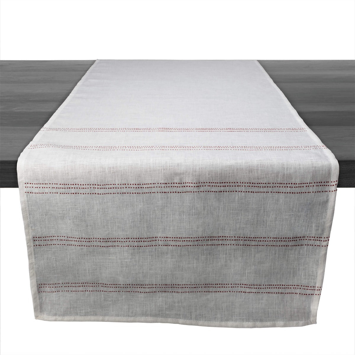 White Linen Runner with Red Stripes - 90 Inch