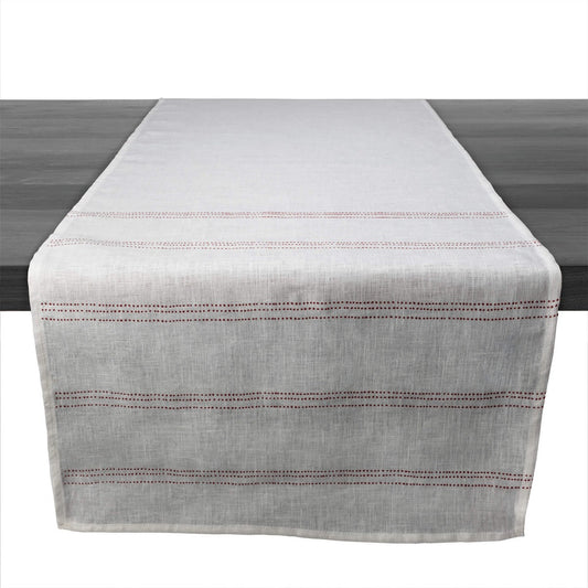 White Linen Runner with Red Stripes - 90 Inch